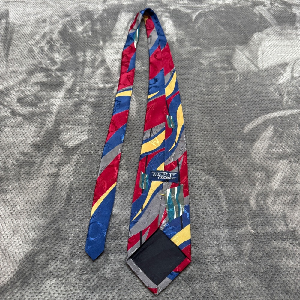 Ketch Classics‎ Mens Abstract Geometric Swirl Necktie Red Blue Yellow Polyester - Picture 3 of 6